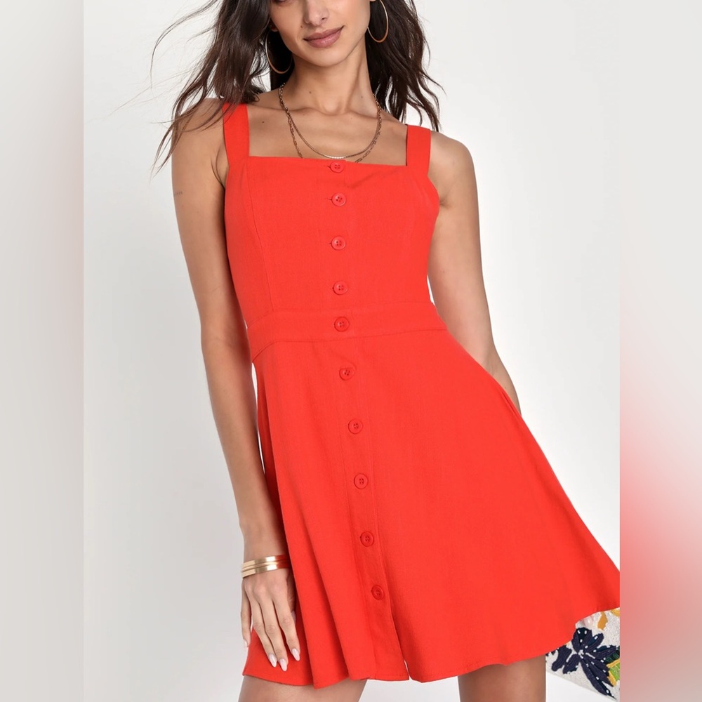 NWT Lulus Sunny Personality Red Orange Button-Up Mini Dress With Pockets  - M